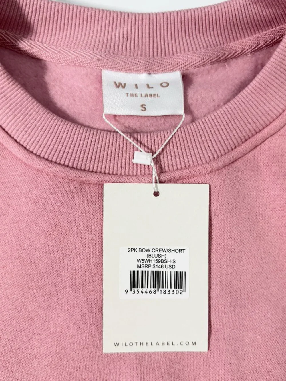 WILO THE LABEL Pilates Bow Crew & Shorts Blush Small NWT 2-Piece Lounge Set